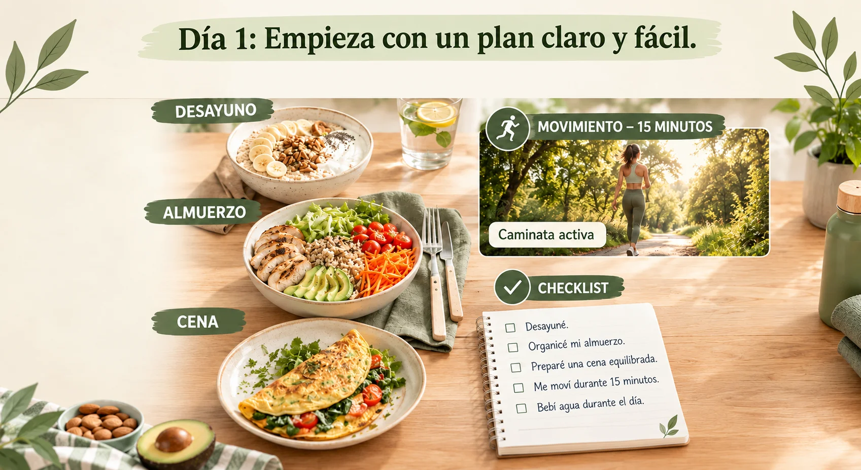 Día 1: Empieza con un plan claro y fácil, con desayuno, almuerzo, cena, movimiento y checklist