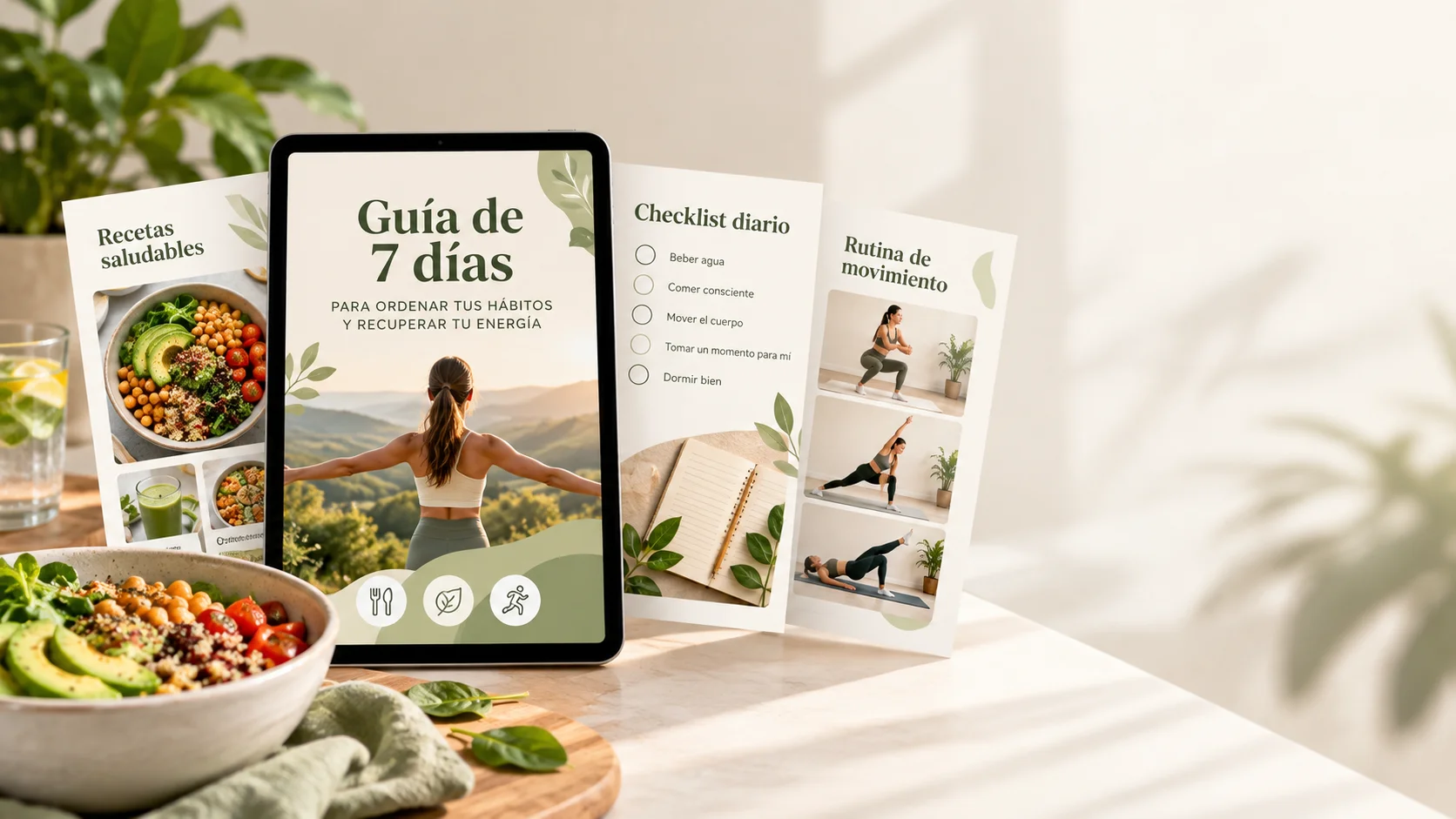 Guía de 7 días en tablet y tabletas de recetas saludables, checklist diario y rutina de movimiento