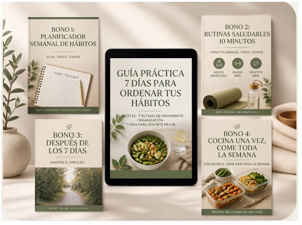 Guía principal más los 4 bonos: planificador semanal, rutinas de 10 minutos, plan después de los 7 días y cocina una vez come toda la semana