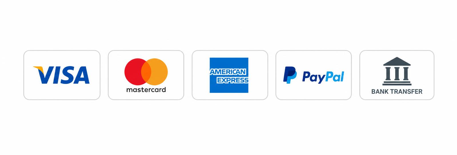Métodos de pago aceptados: Visa, Mastercard, American Express, PayPal y transferencia bancaria